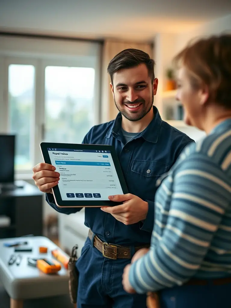 A close-up shot of a Tidy Corp tradesperson using a tablet to show a homeowner the details of a repair quote.