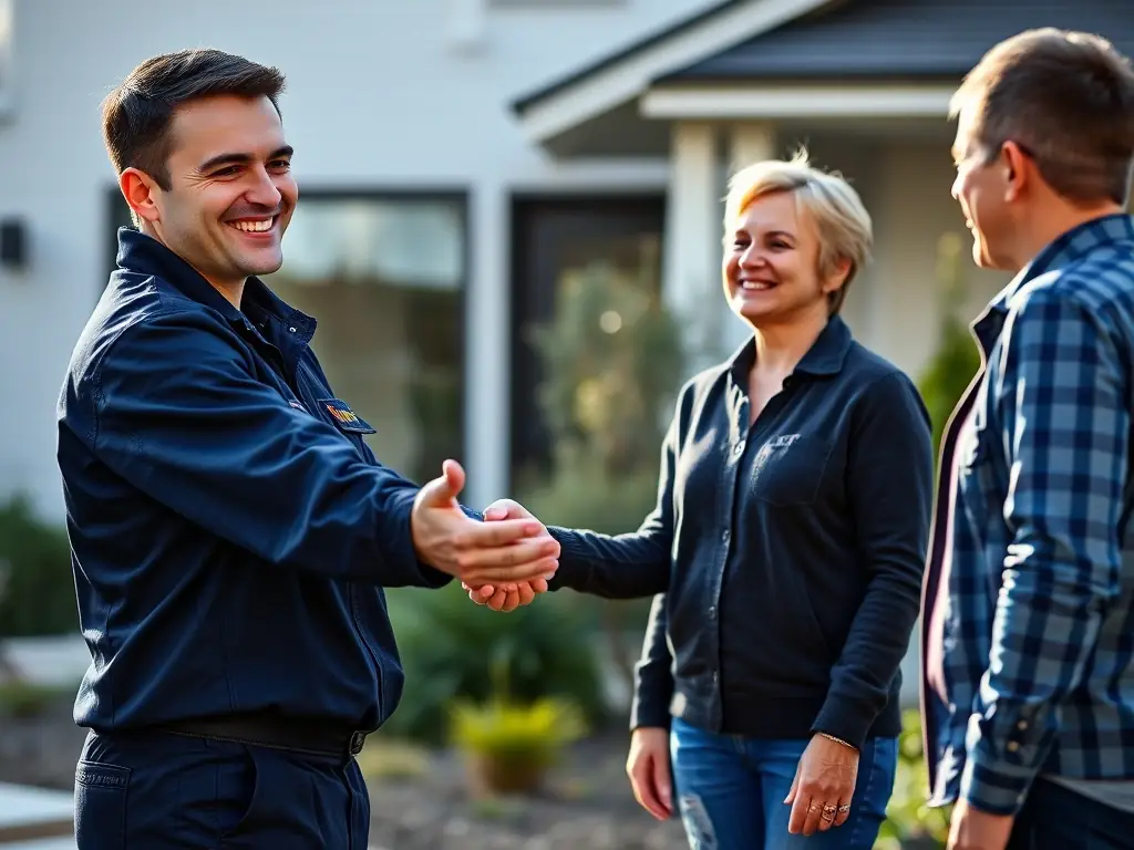 A professional tradesperson wearing a Tidy Corp branded uniform, smiling and shaking hands with a satisfied homeowner in front of a well-maintained house, symbolizing trust and partnership.