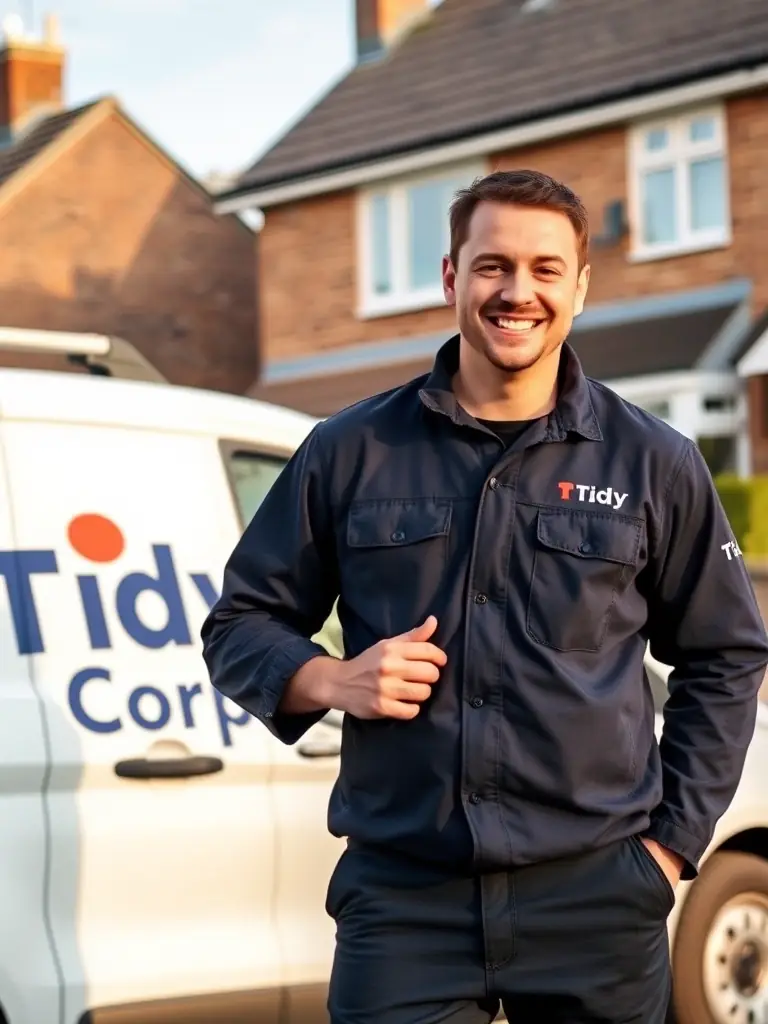A friendly, uniformed Tidy Corp tradesperson smiling and waving while standing in front of their branded van, parked outside a typical UK home.