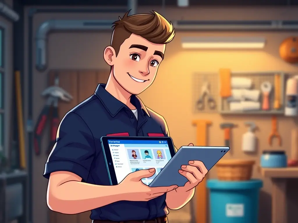 An image of a tradesperson using the Tidy Corp mobile app on a tablet, showcasing the ease of managing jobs and communicating with clients.