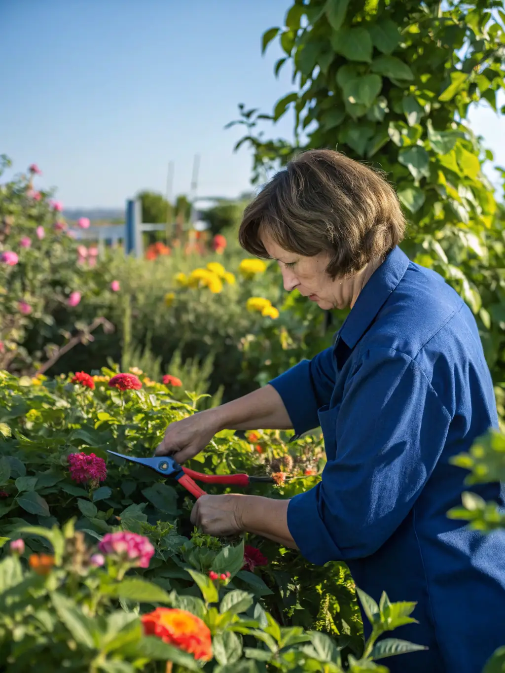 A gardener tending to a lush garden, trimming hedges and planting flowers.