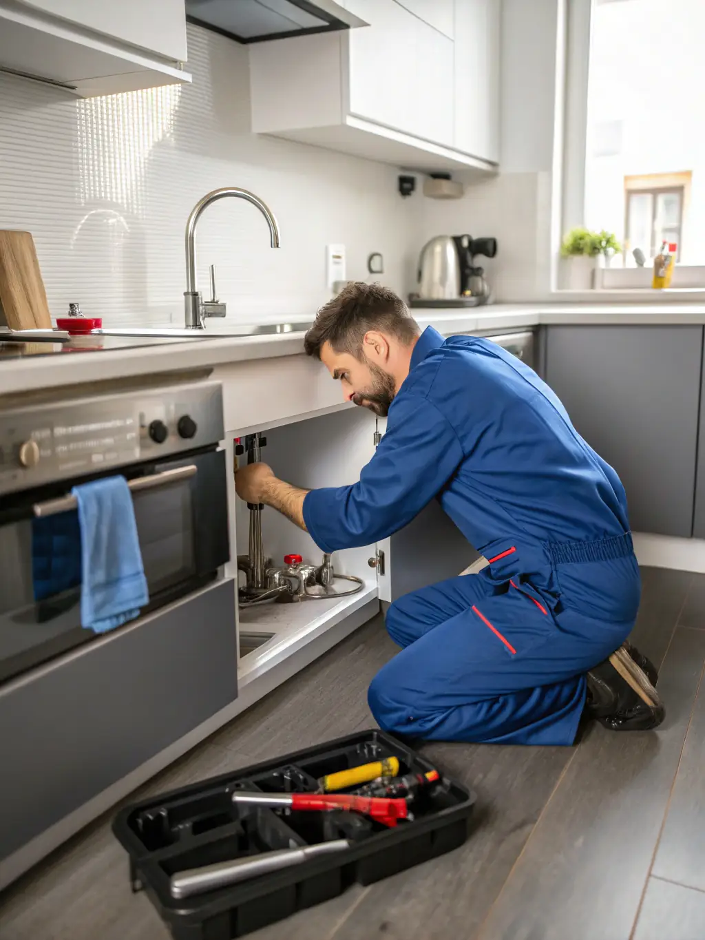 A friendly plumber fixing a leaky pipe under a kitchen sink, smiling at the homeowner.