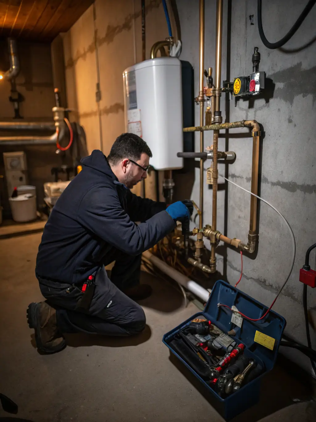 A Tidy Corp tradesperson completing a plumbing repair in a bathroom, with a focus on the quality of their work and attention to detail.