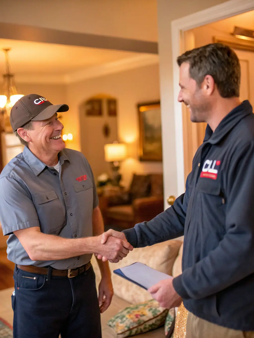 A homeowner smiling and shaking hands with a Tidy Corp tradesperson after a successful repair job in their living room.