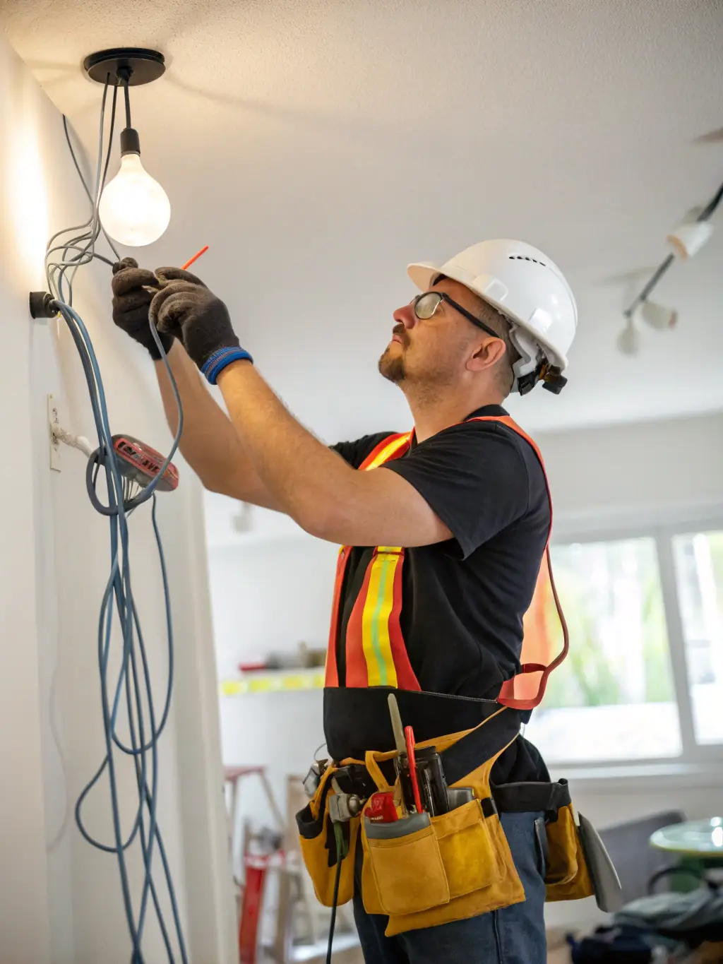 A qualified electrician safely installing a new light fixture in a living room.