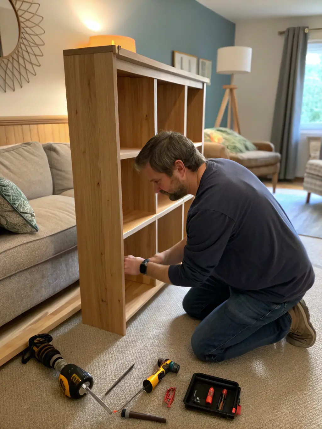 A handyman expertly assembling flat-pack furniture in a modern apartment.